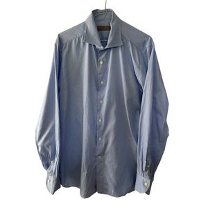 Canali Men’s Blue White Dress Shirt Size 44 17.5 Button Up Checkered Designer